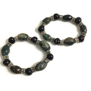 2 Green & Black Glass Bead Bracelets